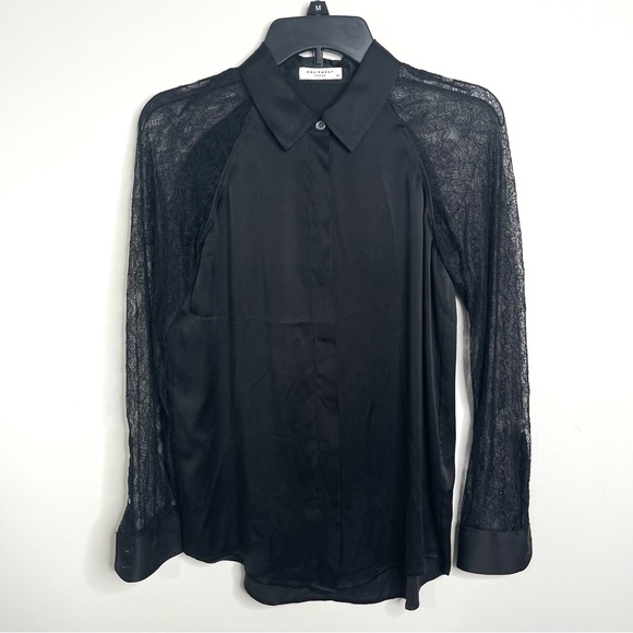 Equipment Femme Iridescent Black 100% Silk Lace Sleeves Minimalist Goth Blouse - Picture 14 of 15